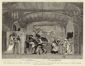 La production de Falstaff de Verdi à Milan, Falstaff caché dans le panier à linge dans la maison de Ford - Ettore Tito